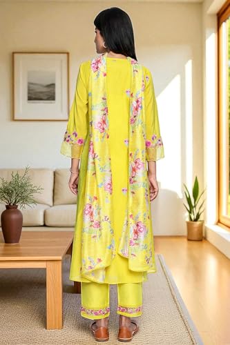 W for Woman Floral Embroidered Flared Chanderi Kurta with Straight Pant and Dupatta Set - Yellow (WS12917-223750-L)
