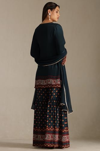 Soch Women's Teal Green Crepe Floral Print Suit Set With Mirror Work