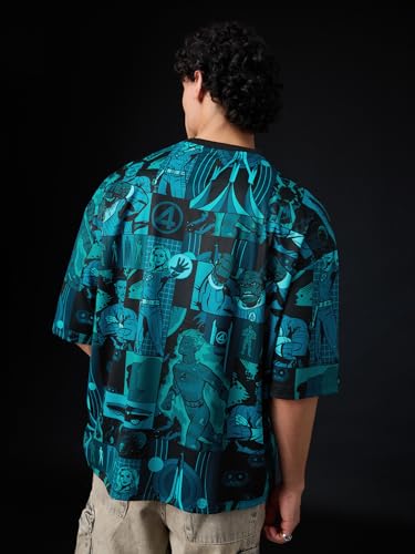 The Souled Store Marvel: Team-Up Men and Boys Short Sleeves Round Neck Blue Graphic Printed Polyester Oversized Jersey