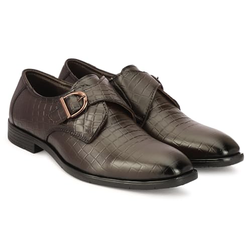 Leatherful Single Monk Strap Shoe, Genuine Leather, Black, TPR Sole, Nappa Leather Lining, (Croco Brown, UK Footwear Size System, Adult, Men, Numeric, Medium, 9)