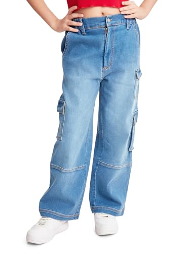 olele® | 7 Pockets Cargo Jeans Pants for Girls| Relaxed Fit Stretchable Denim Jeans Elasticated Waist Pant for 4 to 14 Years Kids