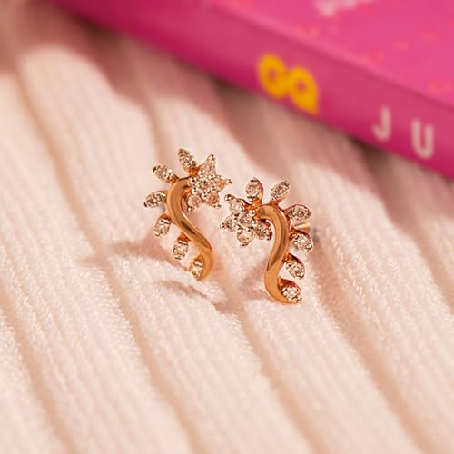 CaratLane 14 KT Rose Gold Floral Leaf Diamond Stud Earrings For Women