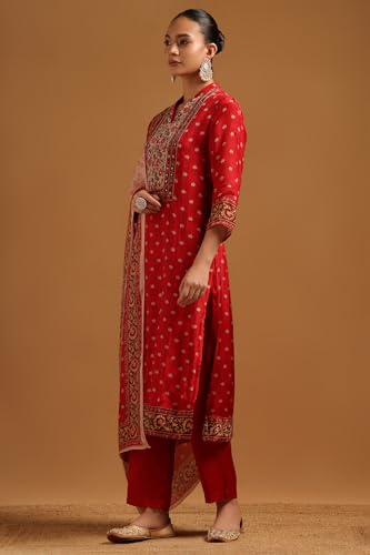 Soch Womens Red Muslin Floral Salwar Suit With Sequins