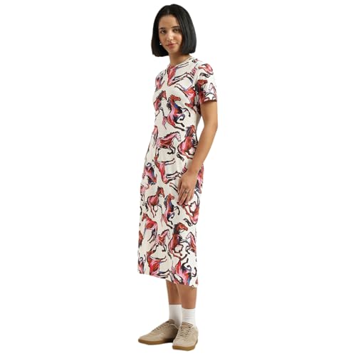 United Colors of Benetton Round Neck Animal Print Knit Dress - (Size:2XL) - 26P3E98W3G74I901 White