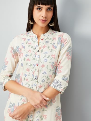Max Women Floral Print Straight Kurta Set (Off White_M)