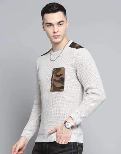 Monte Carlo Mens Self Design Beige Round Neck Full Sleeve Pullover