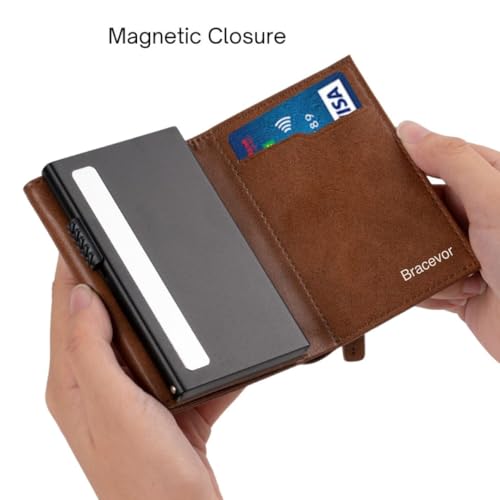 Bracevor Premium Popup Card Holder Trifold Leather Wallet for Men Women - Brown |4 Pockets+ID Window+Currency Slot + Coin Pocket | RFID & NFC Blocking | Magnetic Closure