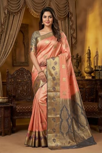 VFCollections Women's Traditional Handloom Kanchipuram Silk Pure Pattu Sarees – Butterfly Butta & Flowers Border | Rich Zari Woven Design | Bridal Saree | Unstitched Blouse (VFC696-1)