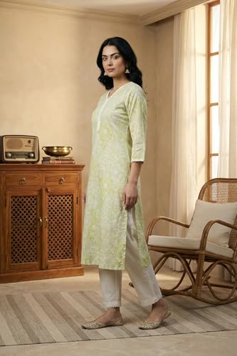 W for Woman Lime Green Lace Floral Printed Pure Cotton Straight Kurta - (W14164-127680-XXL)