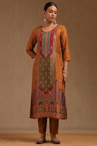 Soch Womens Mustard Brocade Floral Print Suit Set With Sequins