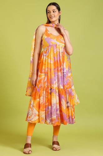 W for Woman Orange Abstract Printed Tiered Spaghetti Kurta and Leggings Set with Dupatta (Size: XL)-WS11527-123741