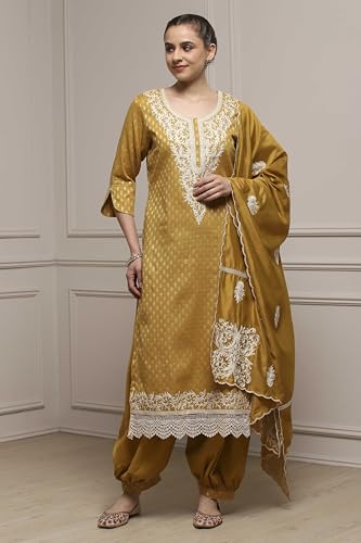 Biba Women Yellow Cotton Blend Thread Embroidered Unstitched Suit Set_FREE SIZE