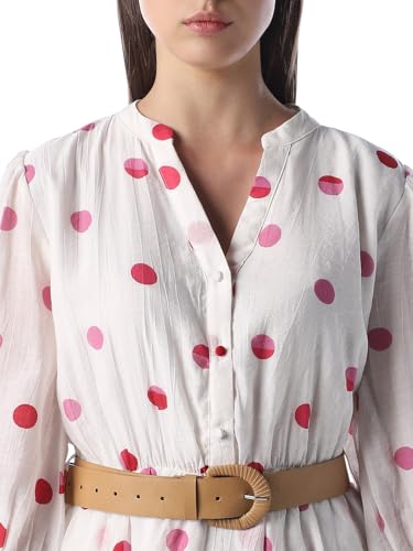 ONLY Women's Polka Dots Fit and Flare White Dress with Belt