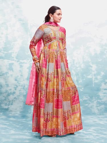 FUSIONIC Elegant Coral Print Gown with Dupatta