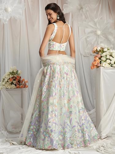 Zeel Clothing Women's Sequins Embroidered Work Soft Net Lehenga Choli With Dupatta (6020-White-Women-Lehenga-Choli-New; Free size)
