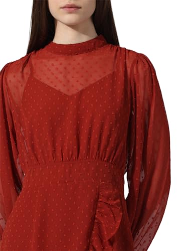 ONLY Women's Polyester Fit and Flare Above The Knee Dress (15338175-Red Ochre_Red