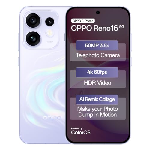 Oppo Reno16 5G (Stellar Purple, 8GB, 256GB) | 50MP 3.5X Telephoto Camera | 4K 60fps HDR Video | AI Remix Collage | Snapdragon 7 Gen 4 | 6700mAh 80W SUPERVOOC | ColorOS 16 | IP69K
