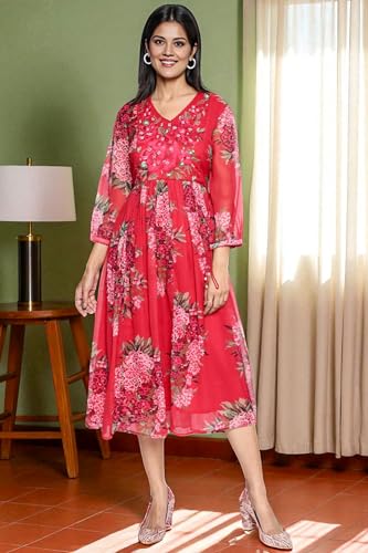 W for Woman Crimson Red Printed Chiffon Flared Dress (Size: M)-W12964-125850