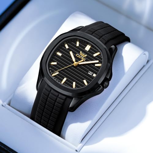 OPK Men's Quartz Watch Gold Plated Case Black Rubber Strap Black Dial Date Display Luminous Waterproof Business Casual Wristwatch