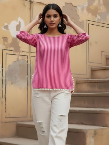 Dora Dori Women Cotton Striped Kurti | Round Neck 3/4 Sleeve Corset Back Tie-Up Detail Lace Detailing | Pink Short Kurti for Women | Casual, Office & Daily Ethnic Wear
