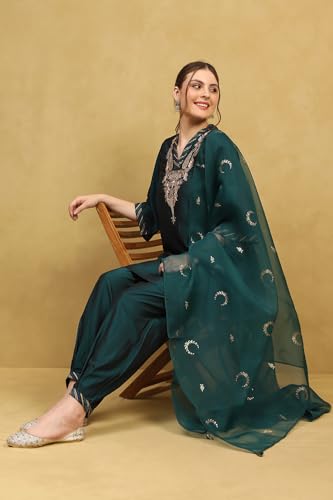 Rangriti Women Deep Green Polyester Blend Embroidered A-Line Kurta Set_36