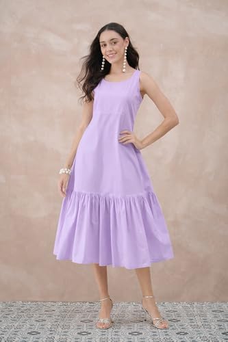 GulaboSitabo Women’s Pure Cotton Corset Dress | Sleeveless, Scoop Neck, Fitted Waist, Gathered Hem, Calf Length | Stylish Trendy Summer Western Dress for Women | Party Holiday Lavender