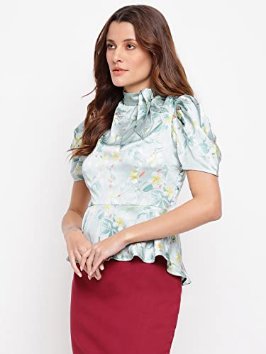 Latin Quarters Women Green Tie Neck Half Sleeve Floral Top for Casual Wear_M