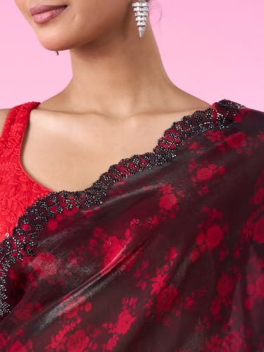 MOHEY Women's Organza Printed & Stone Work Saree with Blouse Piece (Rani)