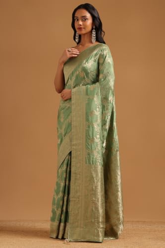 Soch Womens Olive Silk Blend Botanical Zari Woven Saree