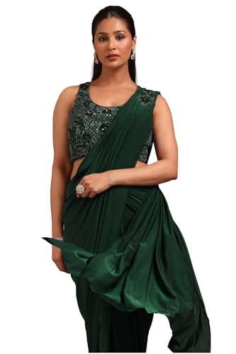 Soch Womens Green Nylon Blend Solid Ready To Wear Saree With Beads And Stones