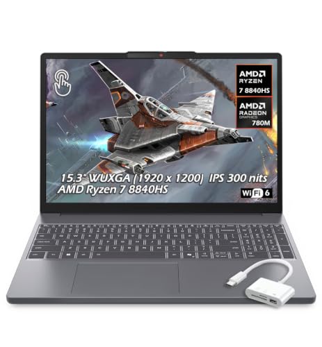 Lenovo IdeaPad Slim 3 15.3" WUXGA(1920 x 1200) IPS Touch Laptop, AMD Ryzen 7 8840HS, 16GB RAM 1TB SSD, Wi-Fi 6 USB-C, Full HD Webcam, Bluetooth, Windows 11, Luna Grey, w/USB Hub, W/GaLiMu