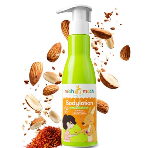 Mishmash Naturals Kids 2 in 1 Body Lotion and Cream for soft, hydrated skin | Ayurvedic Daily Moisturizer | All skin type | Made with Almond Oil, Saffron and Manjistha | For kids 3+ years | SLS & Paraben free | 200ml-Pack of 1