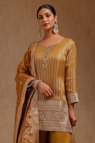 Soch Womens Mustard Tissue Zari Woven Suit Set With Mirror And Stone