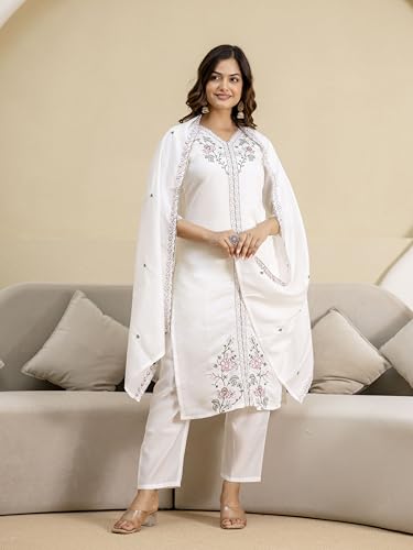 TRENDMALLS Women's Chanderi Embroidery Kurta Pant with Dupatta Set (G386-White-M-)