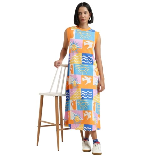 United Colors of Benetton Round Neck Printed Dress (Size : L) - 26P3BL0DV01RG901 Orange