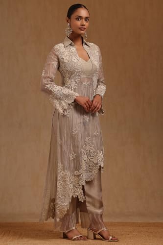 Soch Womens Silver Tissue Embroidered Co-Ord Set With Sequins