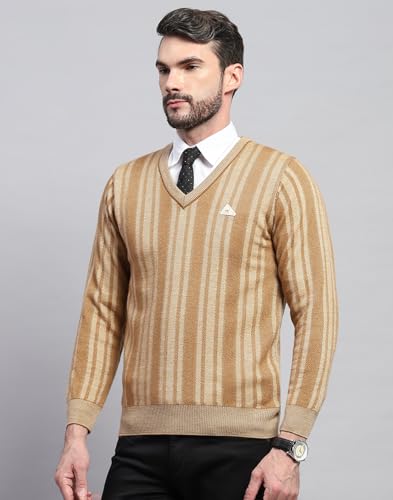 Monte Carlo Mens Striped Beige V Neck Full Sleeve Pullover Sweater (1243196VN-2-44)