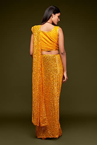 Zeel Clothing Women's Yellow Sequins Work Heavy Georgette Saree with Blouse (1009-Honey-Yellow-Sequins-Party-Saree, Honey Yellow)