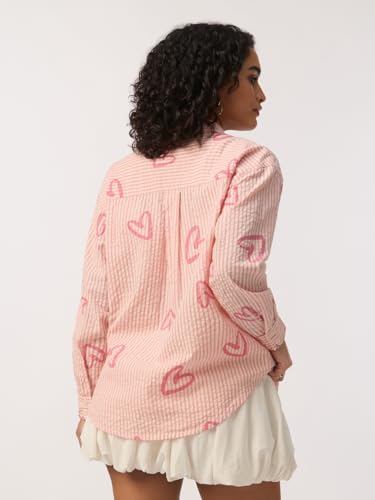 The Souled Store Little Hearts Women and Girls Full Length Sleeves Spread Collar Light Pink Striped Embroidered Cotton Oversized Boyfriend Fit Lightweight Everyday Shirt