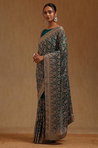 Soch Womens Teal Green Georgette Embroidered Saree With Zari