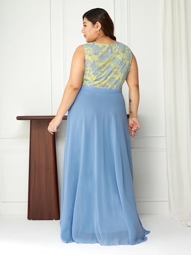 Miss Chase A+ Women's Round Neck Sleeveless & Lace Floral Fit & Flare Maxi Dress (APSS21D06-11-471-06, Cloud Blue, XL)