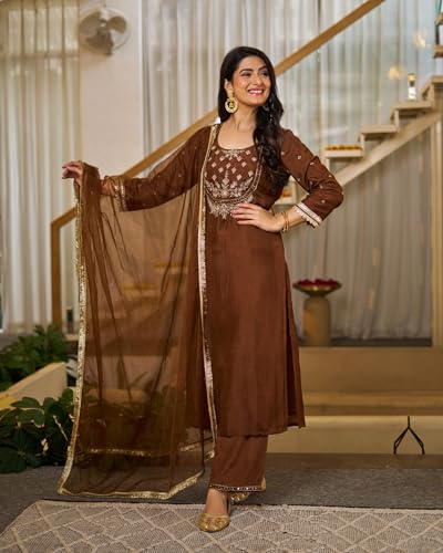 VARNI FABRICS: A lady's First Love Women's Brown Vichitra Silk Embroidered Kurta With Straight Pant And Dupatta, Ethnic Festive Set (IN, Alpha, M, Regular)