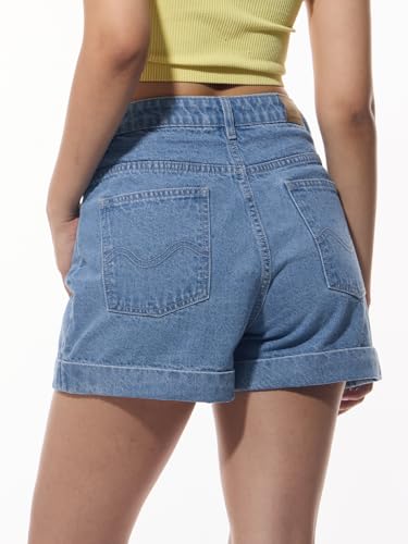 The Souled Store Winnie The Pooh: Butterfly Women and Girls Buttoned Waistband Light Blue Embroidered Cotton Denim Regular Fit Cuffed Hem Lightweight Everyday All-Season Casual Shorts
