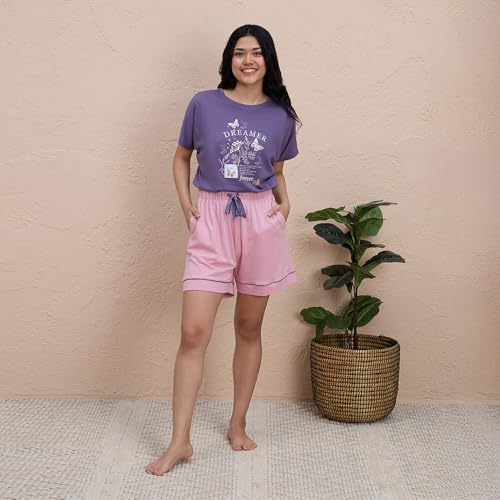 NYKD Buttery Soft Modal Cotton Graphic Tee for Women with Extended Sleeves – Comfortable Relaxed Fit, Stylish Design, Model NYS948 Purple