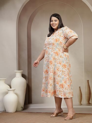 Women Plus Size Floral Print Fit & Flare Midi Dress (LDR24015-MULTIPRINT-7XL)