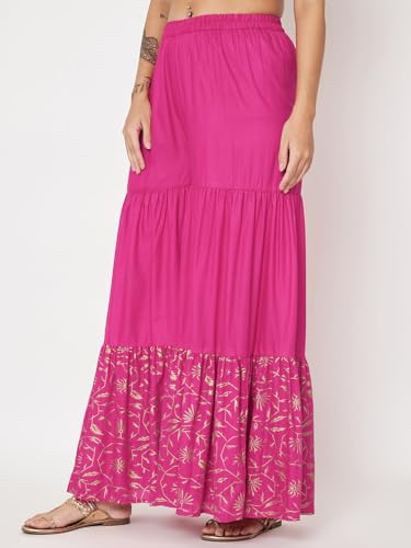 studio rasa Women's Viscose Block Printed Tiered Sharara for Festive Casual Party (BTWC52401XL_Pink_X-Large)