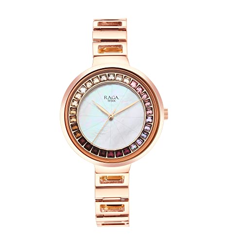 Titan Raga Love All Quartz Analog Mother Of Pearl Dial Rose Gold Metal Strap Watch for Women - NT95150WM01