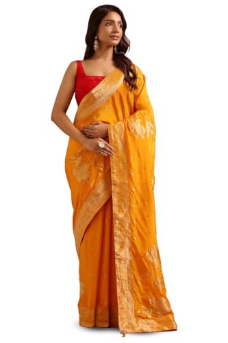 Soch Womens Yellow Crepe Floral Zari Woven Saree