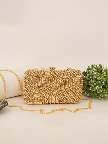 FABBHUE Women's Velvet Gold Hand Embroidery Box Clutch