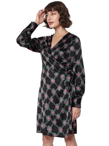 VERO MODA Women Printed Polyester Knee Length Black Wrap Dress